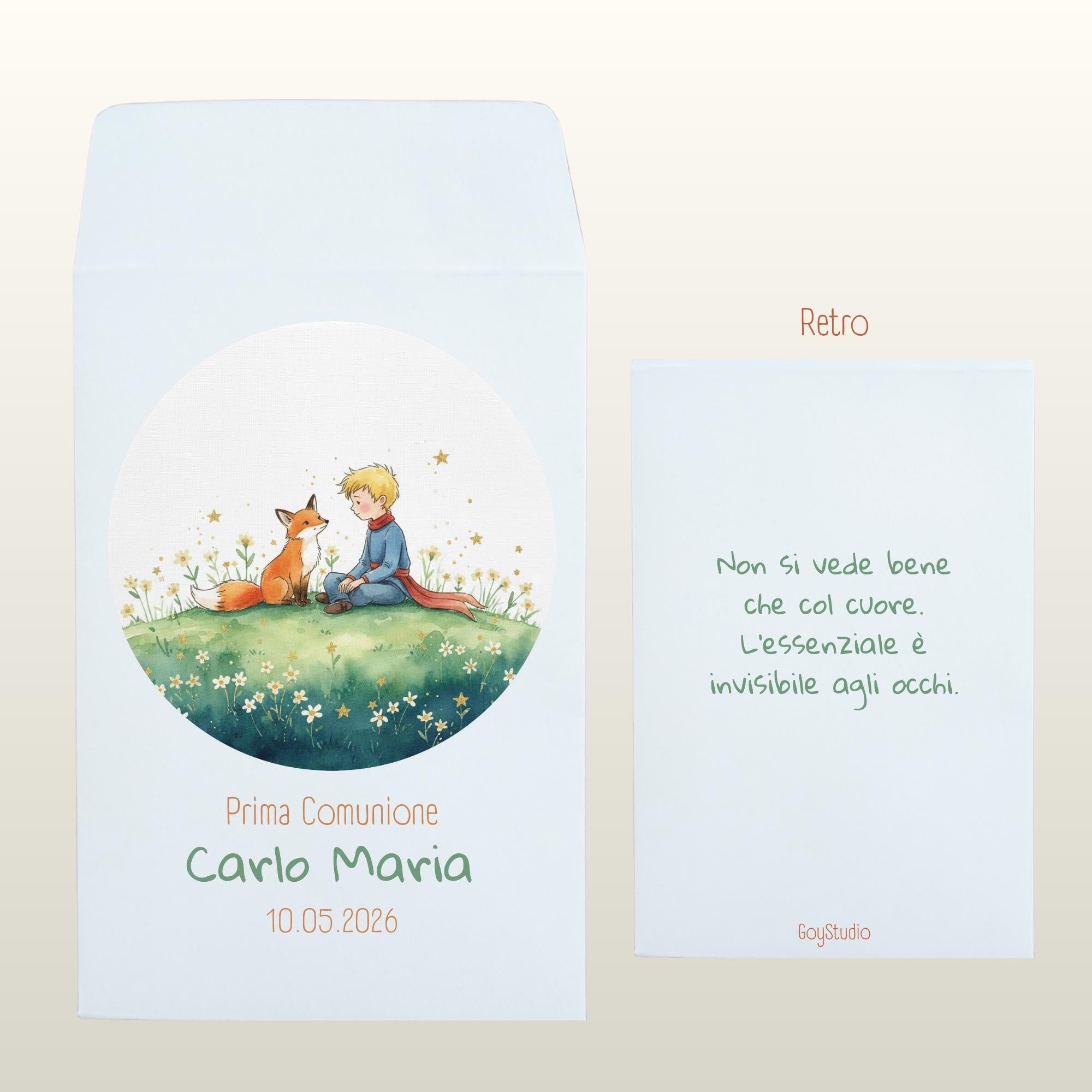 sacchettino confettata prima comunione con Il Piccolo Principe seduto accanto alla volpe, su un prato con piccoli fiori e stelle sparse, stile acquerello sfumato, atmosfera poetica e sognante, palette blu notte, oro, verde prato, avorio.
